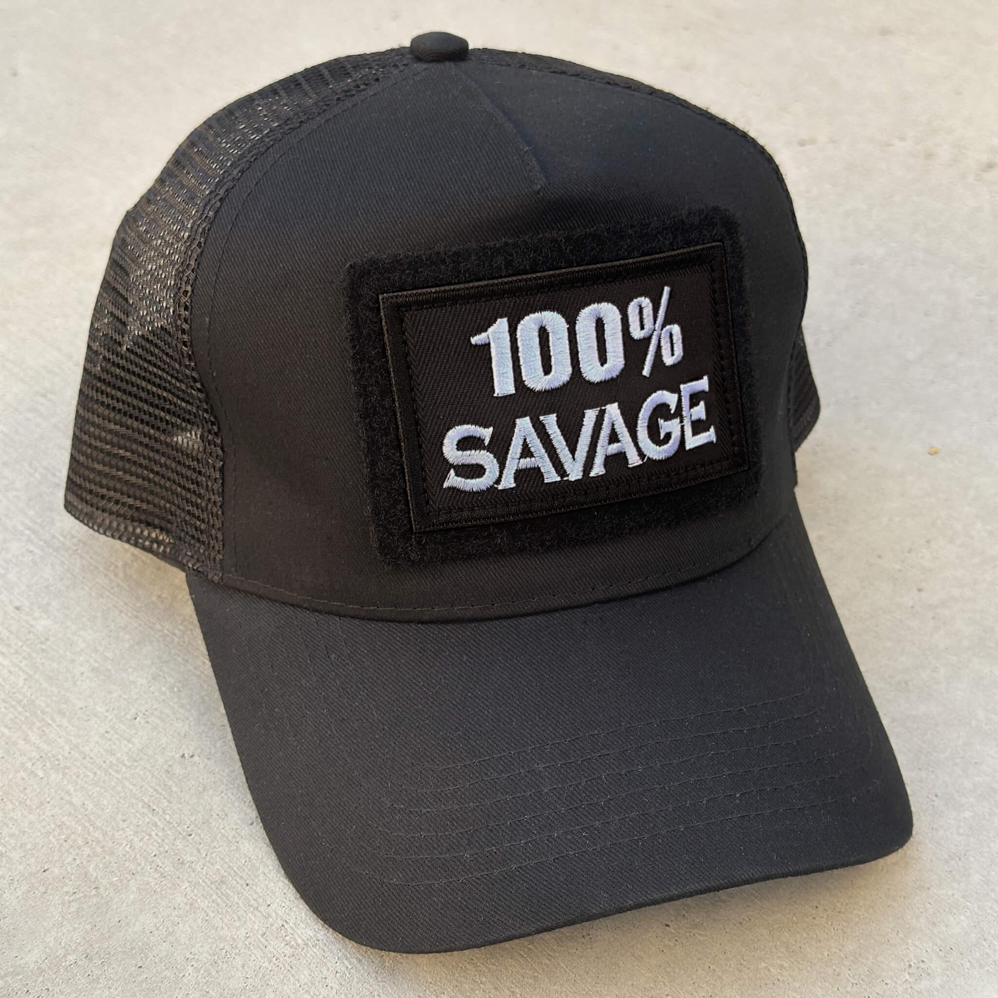 The trucker snapback cap in black colors with 100% Savage patch attached
