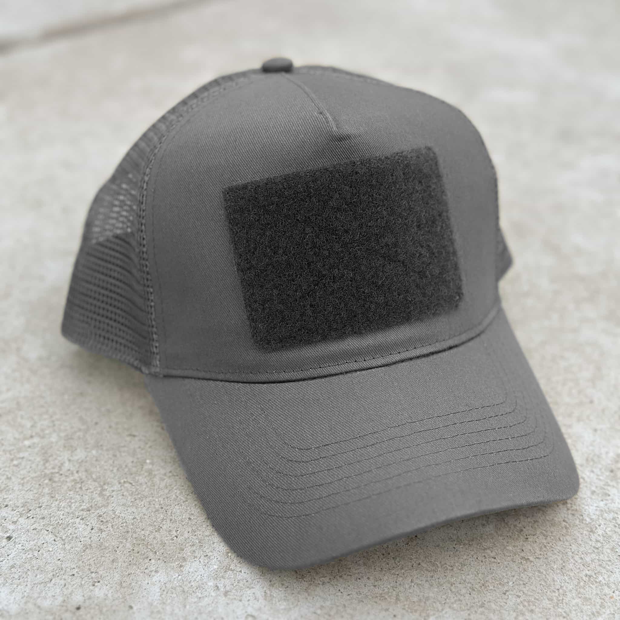 The Blank Canvas Snapback Cap in grey color with large hook-and-loop area on the front
