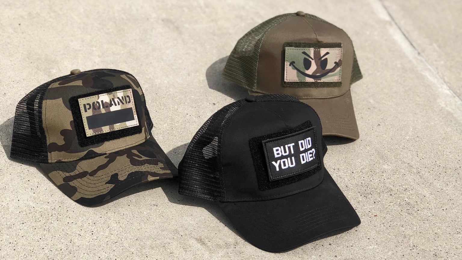 Trucker snapback caps in various colors and patches