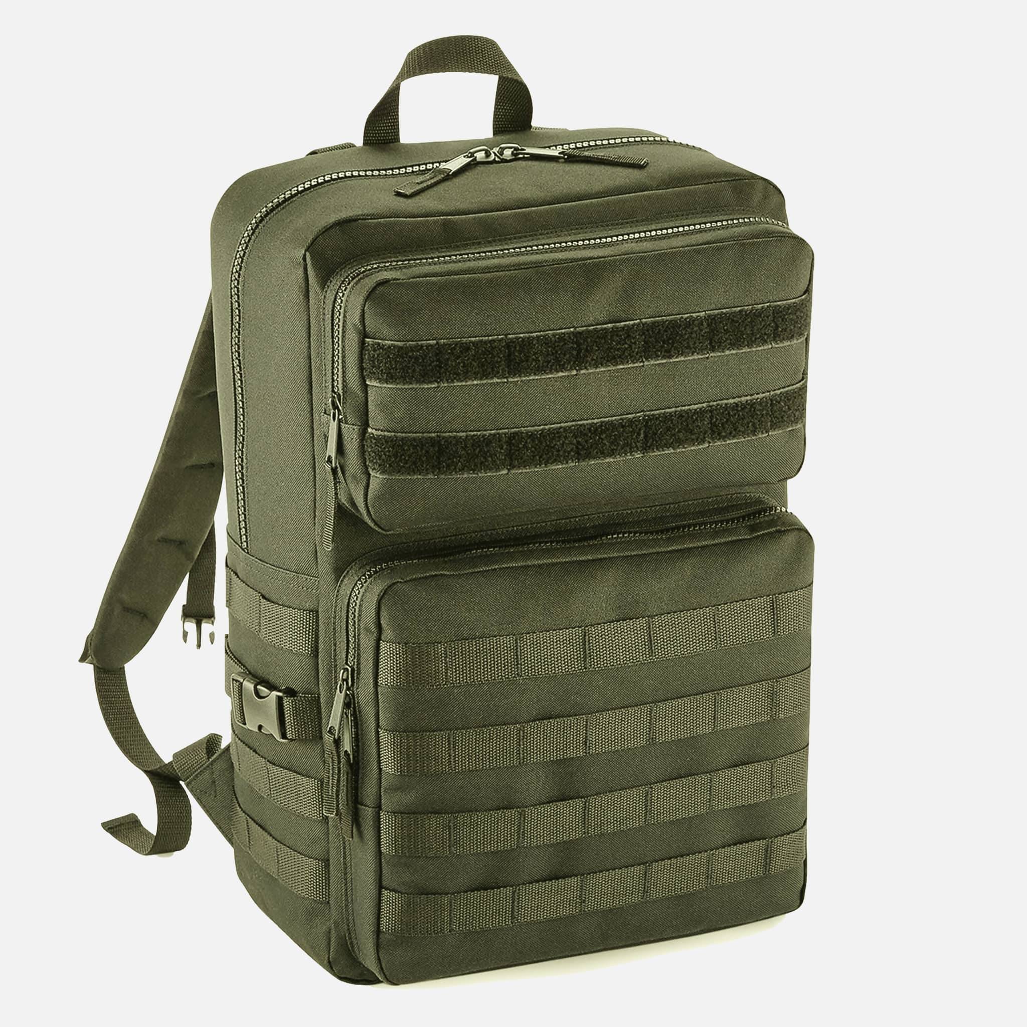 The Tactical Bag in military green with hook and loop areas and MOLLE system on the back