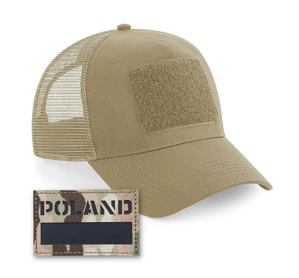 The trucker snapback cap in desert sand color with Poland flag patch attached